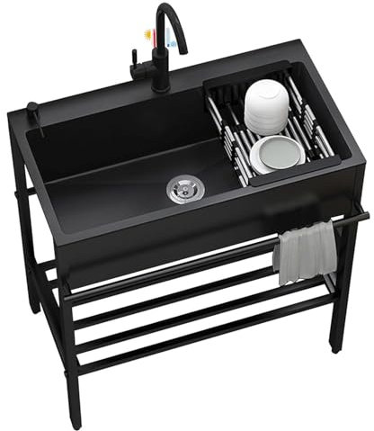 WNRLL Waschspüle Freistehend Edelstahl Handwaschspüle mit Wasserhahn Set mit Halterung und Abfluss für Geschäft, Küche, Garage, Garten,Schwarz,68x45cm