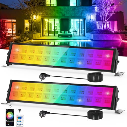 NATPOW RGB LED Strahler, 72W RGB Wallwasher Licht mit Fernbedienung und Bluetooth APP, 16 Millionen Farbe 12 Modi, IP66 Wasserdicht Dimmbar Partylitcht Lightbar für Bar, Disco Feiern Bühne, Hof, 2 Stk