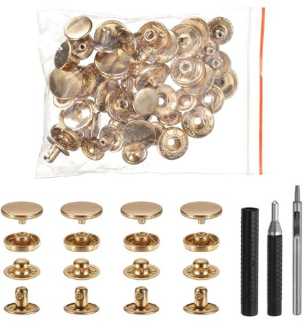 sourcing map 25 Set Leather Snap Fasteners Kit 15mm Metal Snap Button Press Studs Leather Rivets Snaps with 3 Setter Tools for Clothes Jackets Jeans Wears Bags, Gold