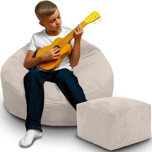 DreamRoots Sitzsack Erwachsene Cord oder Kinder - Bean Bag Sofa - Sitzsack Cord mit Hocker und Bezug - Sitzsäcke mit Füllung 70x70x70 cm Vanilla Ice
