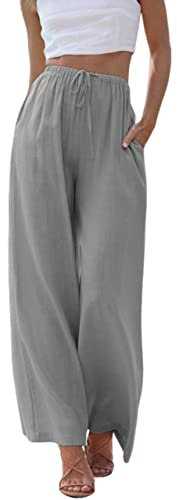 Imuedaen Damen Hosen Sommer Leinen Casual Leicht Locker Leinenhose Freizeithose Palazzo Hose Weite Leg Hose Sommerhose Hohe Taille mit Tunnelzug und Taschen (A Grau, M)