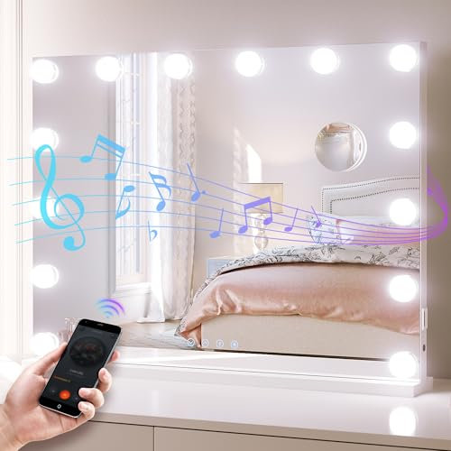 SONNI Hollywood Spiegel mit Beleuchtung 80x60 cm, Schminkspiegel mit Bluetooth und USB-Ladeanschluss, 14 LED Lampens Groß Kosmetikspiegel mit 3 Farbtemperaturen und 10-fache Lupe