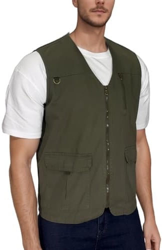 MeiLayM Gilet Da Pesca Da Uomo Casual Sport Giubbotto Leggero In Cotone Multi-Tasche Senza Maniche Ad Asciugatura Rapida Per Lavoro Safari Campeggio Verde Militare M
