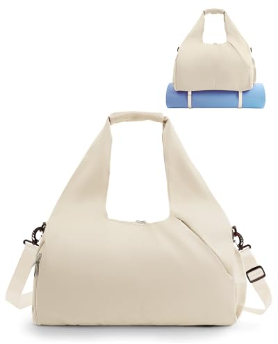 RHDZO Turnbeutel für Damen mit Schuhfach Yogamatte Tasche mit Wasserflaschentasche und Nasstasche Weekender Tasche mit Schultergurt, Beige