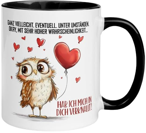 Eulen Geschenke Tasse | Ganz vielleicht - Hab ich mich in dich verknallt | Ich liebe Dich Kaffeetasse mit Eulenmotiv | Witziger Eule Geschenk Becher