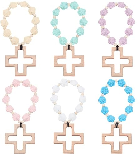 BENECREAT 6 Stück Kreuz Silikon Rosenkranz Florale Silikonperlen Taufgeschenke Taufparty Zubehör Rosenkranz Mit Rosenperlen Silikon Kreuzarmband (6 Farbe)