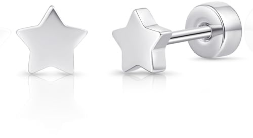 TitanHeart Earrings for Women Men, Hypoallergenic F136 Titanium Flat Back Stud Earring Minimalist Classic Star Cartilage Earrings for Sensitive Ears, Silver Tone