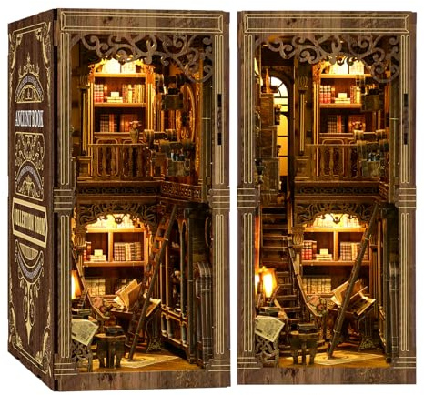 Book Nook Kit für Erwachsene- DIY Miniatur Bibliothek Alte Bücher - 3D Puzzle Holz Buchstütze, 3D-Puppenhaus-Buchstütze, Buchstütze für Bücherregal Deko mit Led Licht Kreatives Geschenk für Leser