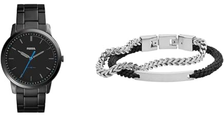Fossil Herren Minimalist Schwarze Edelstahl Uhr und Ellis Silberfarbener Edelstahl Armband, Set