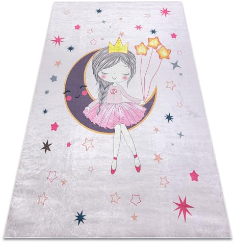 rugsx Bambino 48060 Kinderteppich mit Muster „Prinzessin, Sterne” - Waschbar, Anti-Rutsch, rosa 140x200 cm