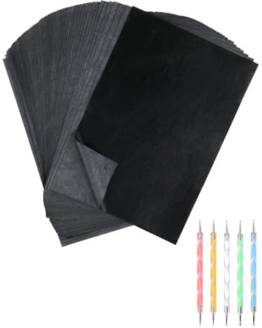 100 Blatt hochwertiges tracing paper für präzises Übertragen von Motiven, inkl. 5 Prägestifte, ideal als pauspapier a4 oder kohlepapier a4 für Papier, Holz, Stoff und kreative Bastelprojekte.