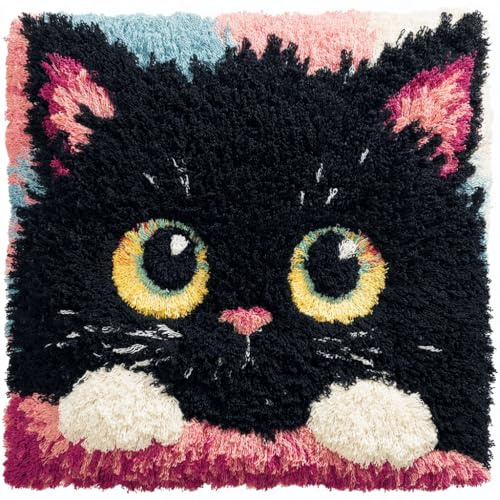 Henypt DIY Knüpfkissen Schwarze Katze 3D-Kissen-Materialpaket,Knüpfhaken-Sticksets,Knüpfen Kissen Set,Häkelkissenbezug für Zuhause 43x43cm
