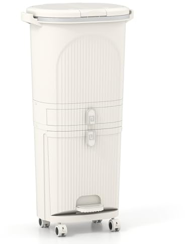 GIANTEX Mülleimer Küche 42 L, Mülltrennsystem 3 Fächer & Schublade, Abfalleimer mit Rollen, Küchenmülleimer Küchenabfalleimer mit Doppeldeckel & Pedal, Tretmülleimer für Küche 43x29x82,5 cm, Cremeweiß