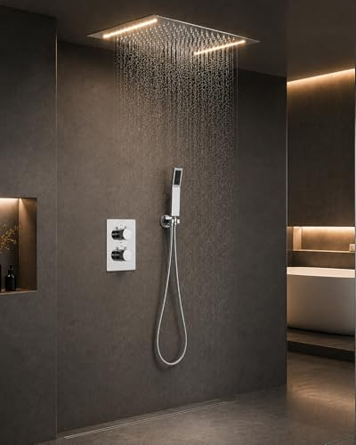 Duschsystem mit Thermostat Unterputz, Unterputz Duscharmatur Komplettse mit 12 Farben LED, 360x500mm Duschkopf und Handbrause, Deckenmontage Regendusche mit Armatur aus Messing, Chrom