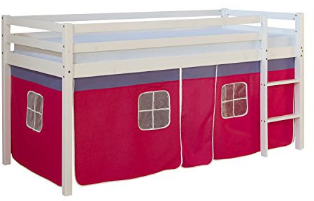 Homestyle4u Kinderbett 90x200 Weiß Hochbett mit Treppe Vorhang Pink Bettgestell Massivholz Kiefer Kinderzimmer