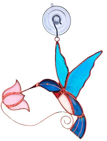 Gift Essentials Buntglas-Sonnenfänger für Fenster, Kolibri mit rosa Blume, hängende Innendekoration, Sonnenfänger