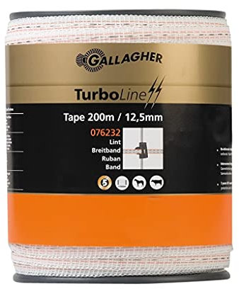 200 m/12,5 mm Gallagher Weidezaunband TurboLine (weiß) - Elektrozaun-Breitband - Geeignet für Pferde, Rinder - Reißfestigkeit: kg - UV-stabil und lange Lebensdauer - Ausgezeichnete Sichtbarkeit