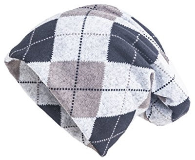 shenky Beanie | Vintage Look | Muster | für Damen & Männer | lang geschnitten | Komfort | Unisex | Longbeanie | Long Slouch Beanie | dünne Mütze | Laufmütze Grunge | one-Size | Karo grau