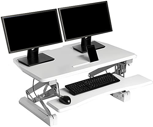 Seville Classics 90 cm pneumatisch höhenverstellbarer Steh-Sitz Tischaufsatz mit Gasdruckfeder, Metall, Weiß