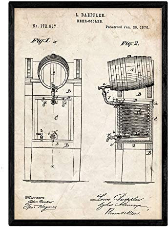 Nacnic Patent Poster mit Bier Kühlschrank. Blatt mit altem Design-Patent in der Größe A3 und Vintage-Hintergrund