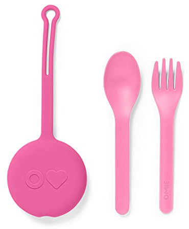 Omie Box - Juego de utensilios para niños con estuche, 2 piezas de plástico, cubiertos reutilizables con tenedor y cuchara con cápsula para niños (rosa burbuja)