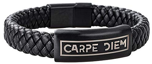 HOOF Armband Männer I Herren Echt-Leder Schmuck I Schwarz geflochten Armreif mit CARPE DIEM Gravur| Edle Box | Personalisierte Geschenkidee Freunde, Vatertag, Partner B3 (21cm - 22cm, CARPE DIEM)