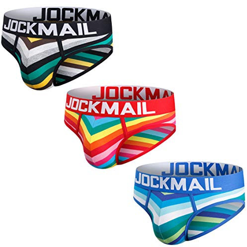 JOCKMAIL 3PCS/PACK Men Briefs Underwear Cotton Mens Rainbow Stripe Underwear Briefs Comfortable Underpants (Medium, Black+Red+Blue)