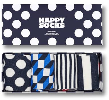 Happy Socks 4-Pack Big Dot Box, farbenfrohe und fröhliche, Socken für Männer und Frauen, Schwarz-Weiß-Blau-Rot