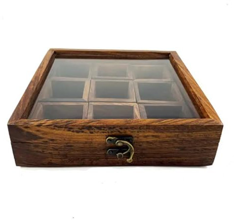 Wooden Spice Rack Organizer Storage Box with Lid, 9 Small Compartments Masala Dabba and Slide Off Glass Style, 8X8