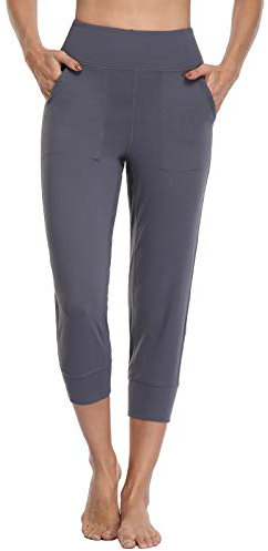 MOVE BEYOND Butterweiche Jogginghose Damen 3/4 Trainingshose Yoga Hose Sommer Capri Sporthose mit 4 Taschen, Grau, XS