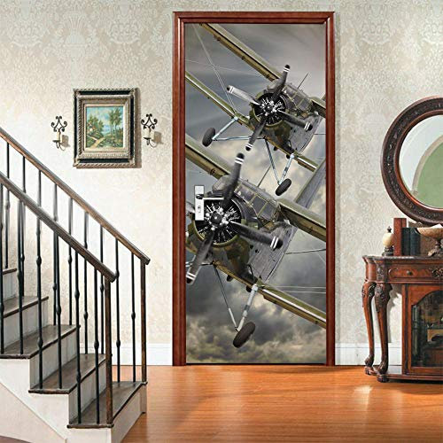 VIRANDA Türtapete Selbstklebend TürPoster 3D Türaufkleber - Retro Flugzeug - Türfolie Poster Moderne PVC Abnehmbar Wasserdichte Door Stickers 86x200cm