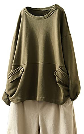 FTCayanz Donna Manica Lunga Camicia Girocollo Oversize Felpa Casual Tunica Pullover Top con Tasche Army Green XXL