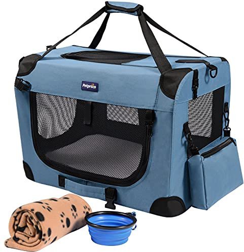 Petprsco Transportbox für Haustiere, weiche Seiten, für Katzen, kleine Hunde, 3-türig, weich, faltbar, mit Gurten für Katzen, Welpen, Reisen, zusammenklappbar, komfortabel, Design tragbar