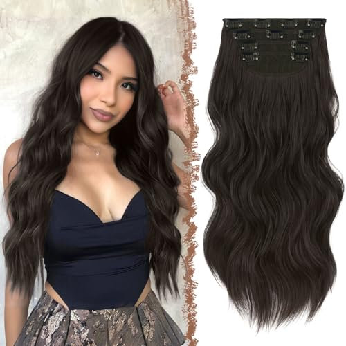 FESHFEN Clip in Extensions, 4PCS 50 cm Voller Kopf Haarverlängerungen mit Clips Synthetik Gewellte Haarextension Wavy Haar Extensions Clip in Haarteil für Frauen, 180g Schwarz Braun