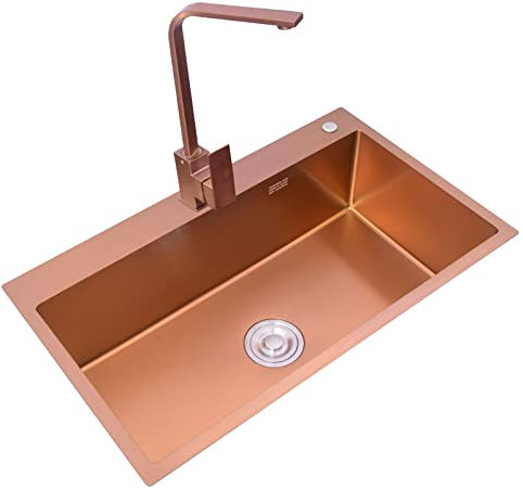 Fregadero De Oro Rosa Fregadero Individual De Acero Inoxidable Fregadero Individual Grande Sobre Encimera Con Grifo Cuadrado 21 Cm De Profundidad Fregadero De Cocina Hecho A Mano