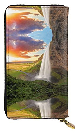Island Wasserfall River Field Sunset Damen Leder Lange Clutch Geldbörse =>> 7,48 x 4,13 Zoll Bequem, Leicht, Wasserdicht, Langlebig, Schwarz, Einheitsgröße, Schwarz, Einheitsgröße