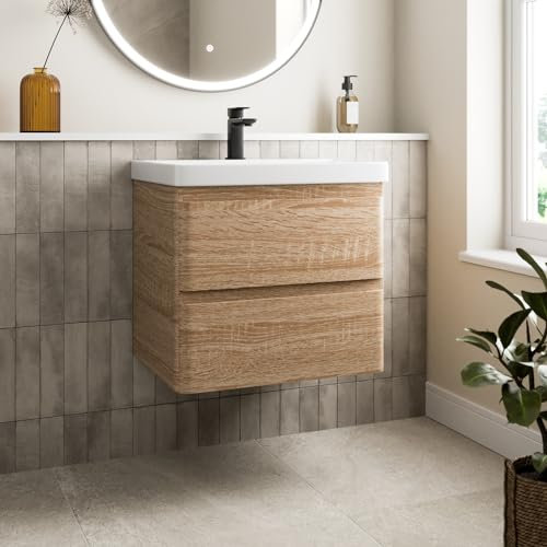 Affine® 600mm Vanity Unit Wash Basin Sink Bathroom Wall Mounted Storage Cabinet Cupboard Cloakroom, Soft Close Drawers, Wood Oak Effect