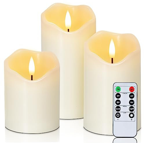 Homemory Flickering Flameless Candles, Realistic LED Candle with Remote and Timer, Real Wax Battery Operated Candles, Ivory (Kerben Wachs, 3er-Set)