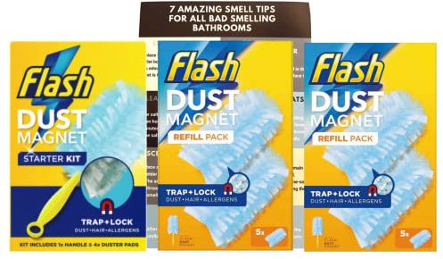 Flash Duster Dust Magnet Starter Kit (1 Handle + 4 Refills) and Flash Duster Dust Magnet Trap & Lock Refills 5 Includes Brillhouse 7 Tips for Better Smelling Bathrooms 15 Piece Set, 20x12
