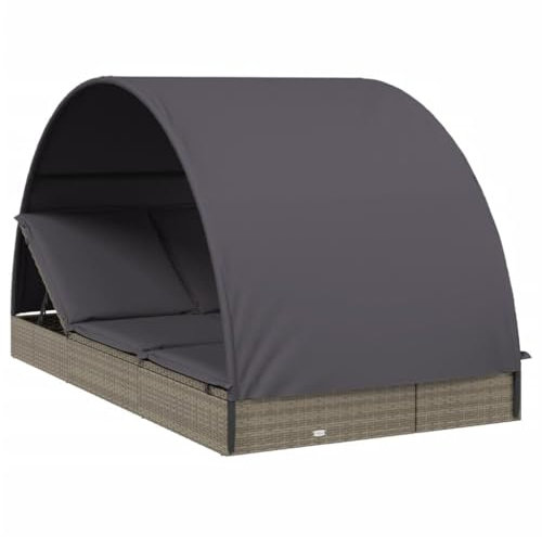 vidaXL 2-Personen Sonnenliege, Gartenliege Verstellbare Sitzfläche, Liegestuhl Liege mit Dach, Relaxliege Strandliege Gartenmöbel, Grau Poly Rattan