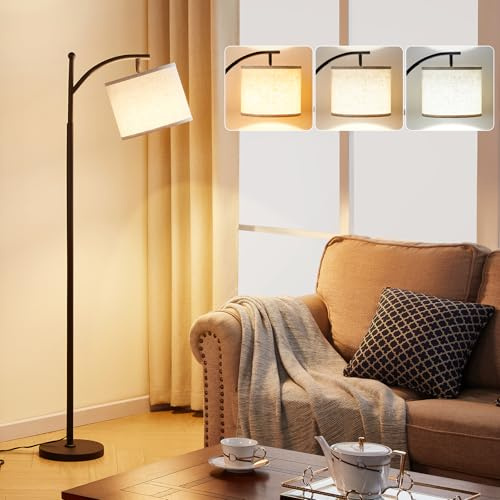 Ambimall Tall Floor Lamps with 3 Color Temperatures Bulb & Adjustable Linen Shade, for Living Room, Bedroom, Office, Classroom, Dorm Room (9W Bulb Included), Beige & Black, 60