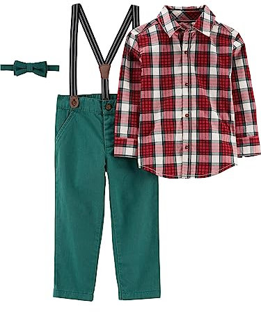 Simple Joys by Carter's Kleinkinder und Baby Jungen 4-teiliges Set mit Fliege und Strapshose für besondere Anlässe, Olive Heather/Red Tartan Plaid, 12 Monate