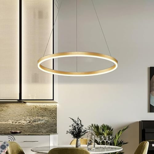 LED-Pendelleuchte Modern Dimmbar Hängeleuchte Ring Kreis Hängelampe Esstisch Pendellampe Aluminium Kronleuchter Decke Hänge Lampe Für,Kücheninsel,Wohnzimmer ( Color : Gold , Größe : 1 ring/60CM/38W )
