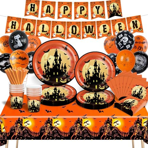 DUGECO Ensemble de décoration d'Halloween, décoration d'horreur d'Halloween, serviette de table, assiettes en papier, gobelets en papier, nappe, ensemble de vaisselle de fête d'Halloween(16 personnes)