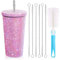 EHOTER Gobelet isotherme à paillettes avec couvercle en acier inoxydable avec paille sous vide avec 1 brosse pour tasse et 6 brosses à paille pour femme (rose)