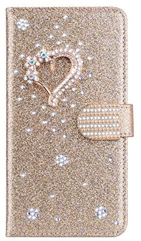 BLOTECH Hülle für Samsung Galaxy A10/M10,Leder Brieftasche Glitzer Schutzhülle Glänzende Bling 3D Schnalle & Liebe Etui Schale Kartenfächer Magnet HandyCase für Samsung Galaxy A10/M10,Gold