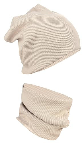Alkato Unisex Beanie Mütze und Schal Set Uni, Farbe: Rippstoff Beige, Größe: Einheitsgröße