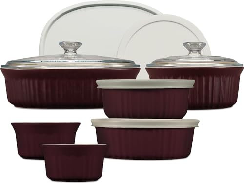 CorningWare Ceramic Bakeware Set with Lids, Chip and Crack Resistant Stoneware Baking Dish, Microwave, Dishwasher, Oven, Freezer and Fridge Safe, 12-Piece French Cabernet