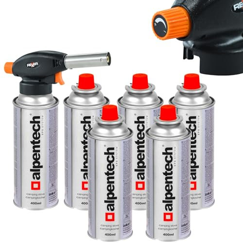 Rexxer | Gasbrenner | 1300 W | 1350 Grad Celsius | Zum Metallschmelzen | Zum Löten | Aufschraubbare Gaskartusche | Piezozündung | Flammenüberwachung | Inkl. 6 Kartuschen à 400 ml Gas