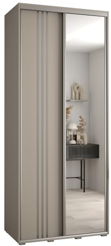 MEBLE KRYSPOL Dakota 7 Schrank mit Zwei Schiebetüren - Moderner Kleiderschrank mit Spiegel, Kleiderstange und Regalen - 235,2x110x60cm - Kaschmir Silber